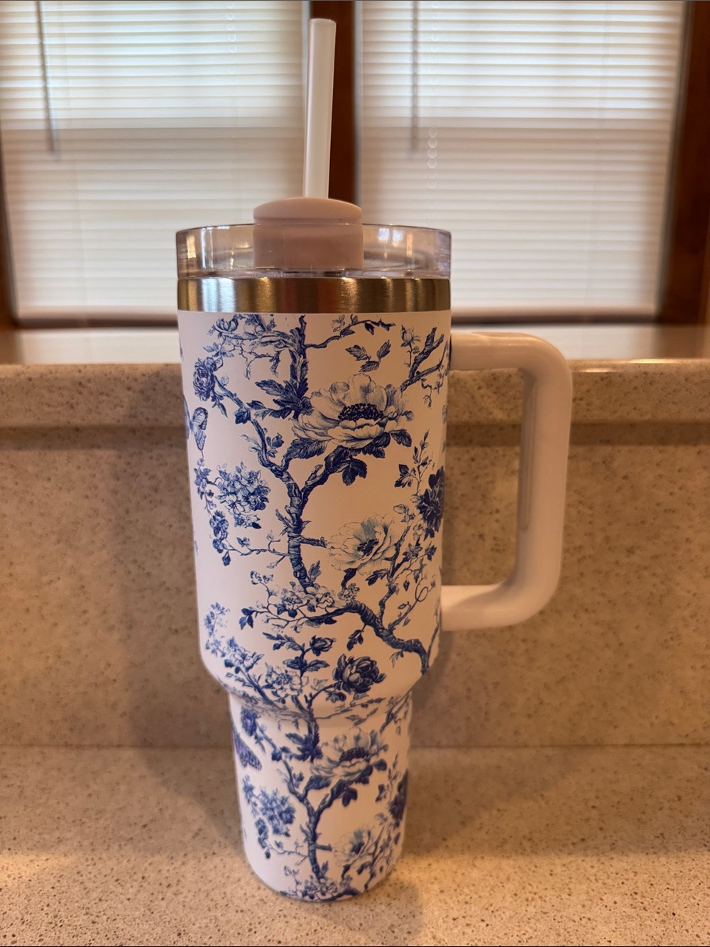 White and Blue Floral Insulated Travel Tumbler with Handle and Straw